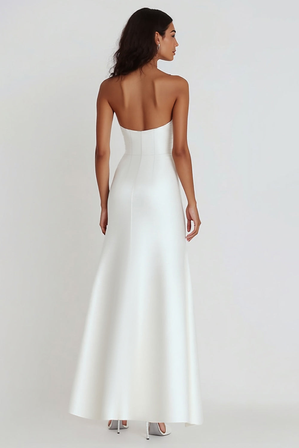 White Strapless Sheath Satin Ruffled Wedding Dress - Image 2
