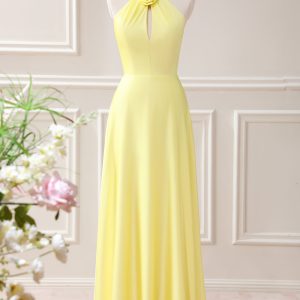 Yellow A Line Halter Cut Out Maxi Dress with Flower