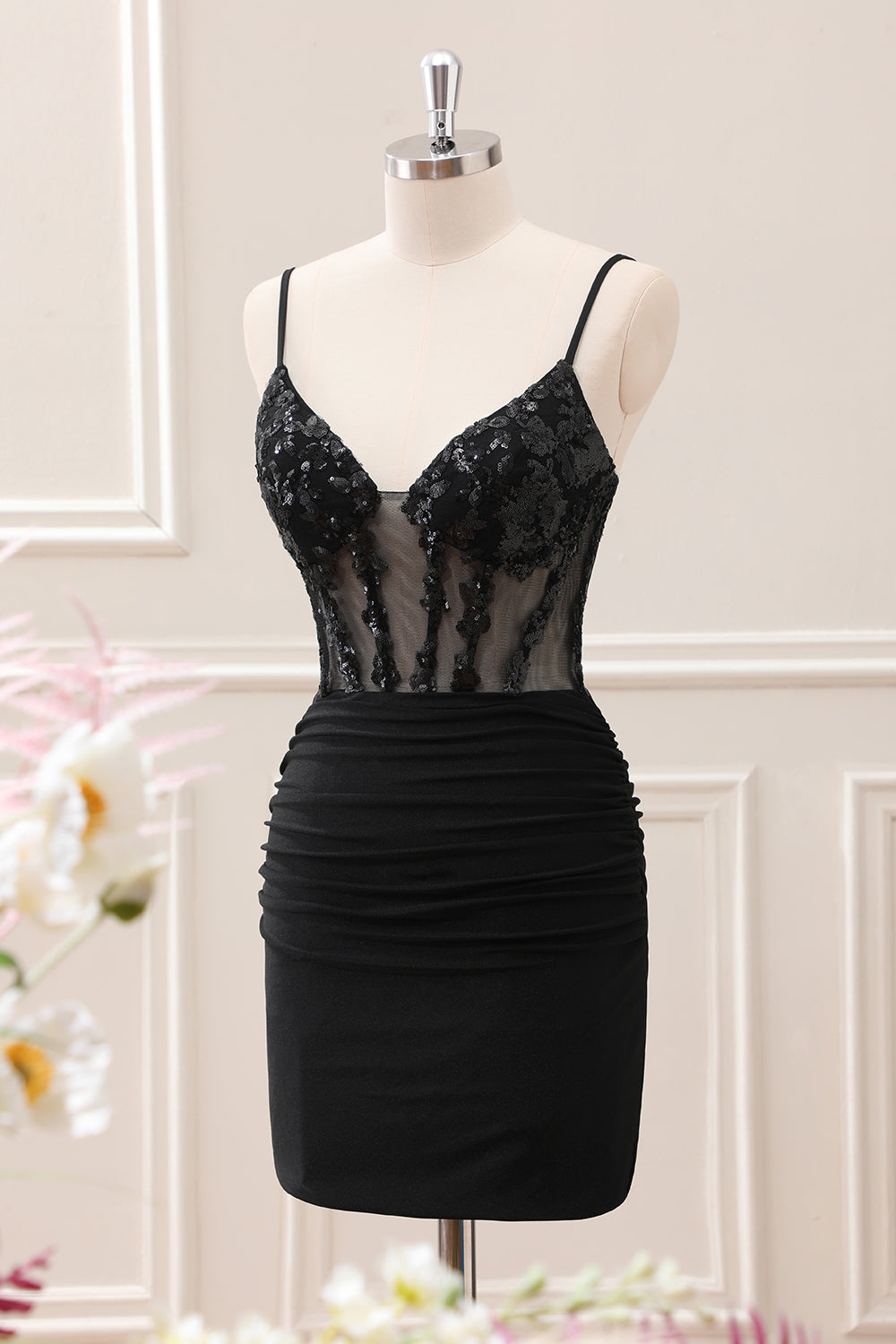 Sparkly Black Ruched Corset Homecoming Dress with Sequins - Image 3