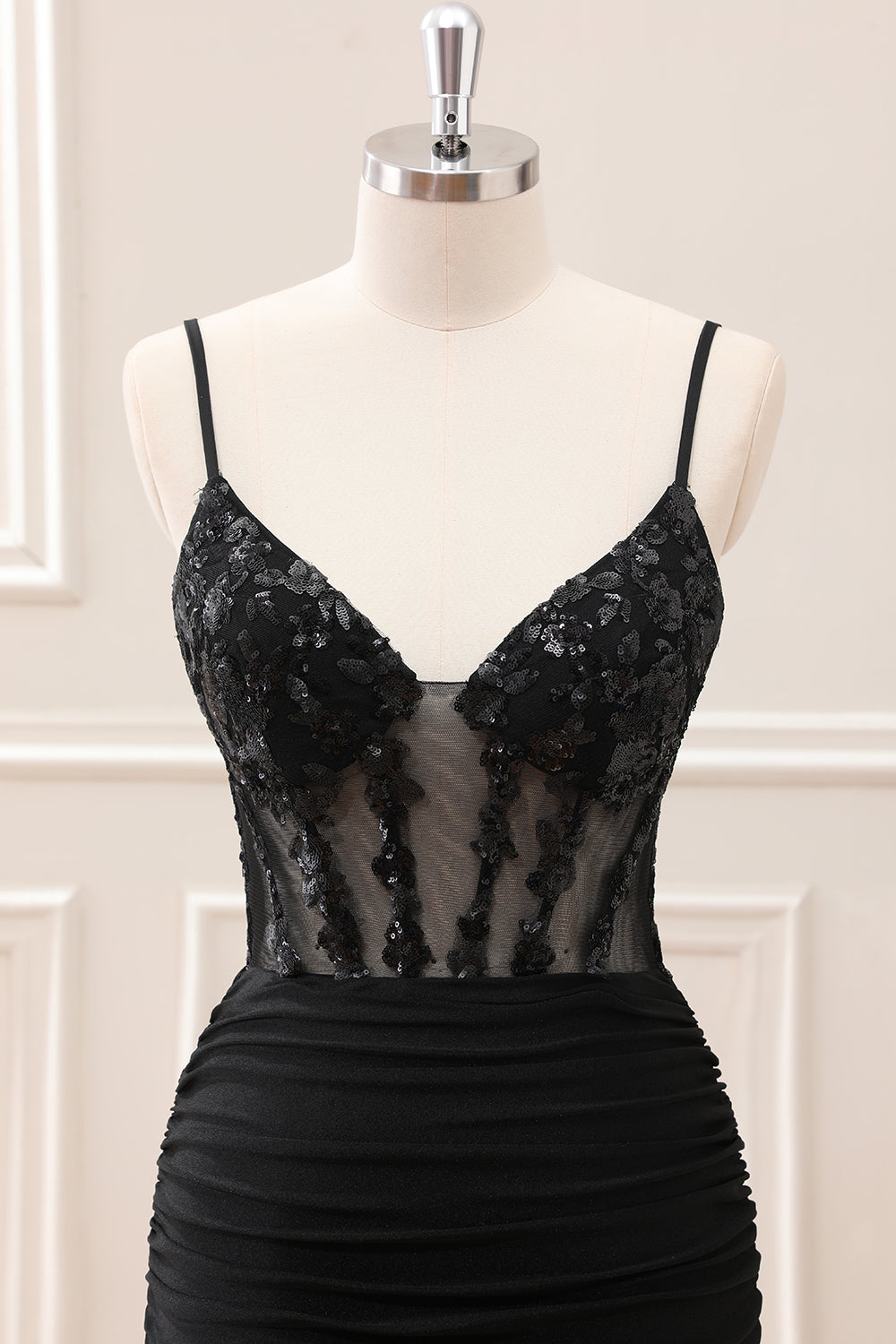 Sparkly Black Ruched Corset Homecoming Dress with Sequins - Image 4