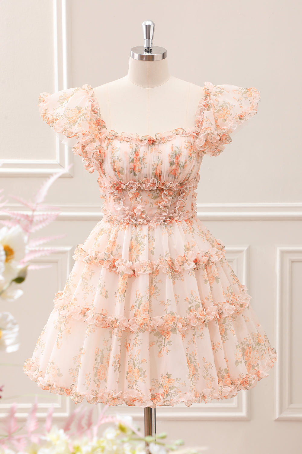 Yellow A-Line Ruffled Floral Print Mini Dress - Image 4