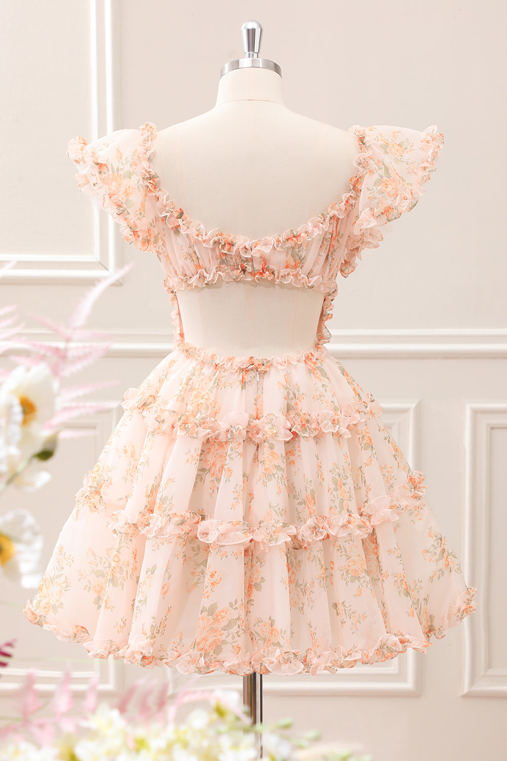 Yellow A-Line Ruffled Floral Print Mini Dress - Image 5