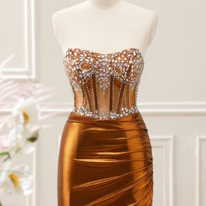 Sparkly Copper Ruched Strapless Corset Homecoming Dress with Beading