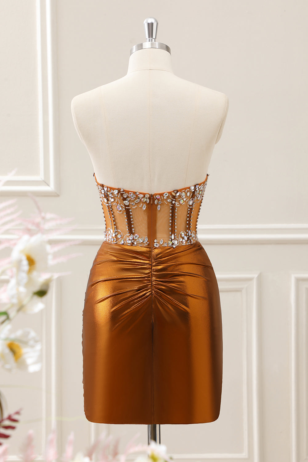 Sparkly Copper Ruched Strapless Corset Homecoming Dress with Beading - Image 2