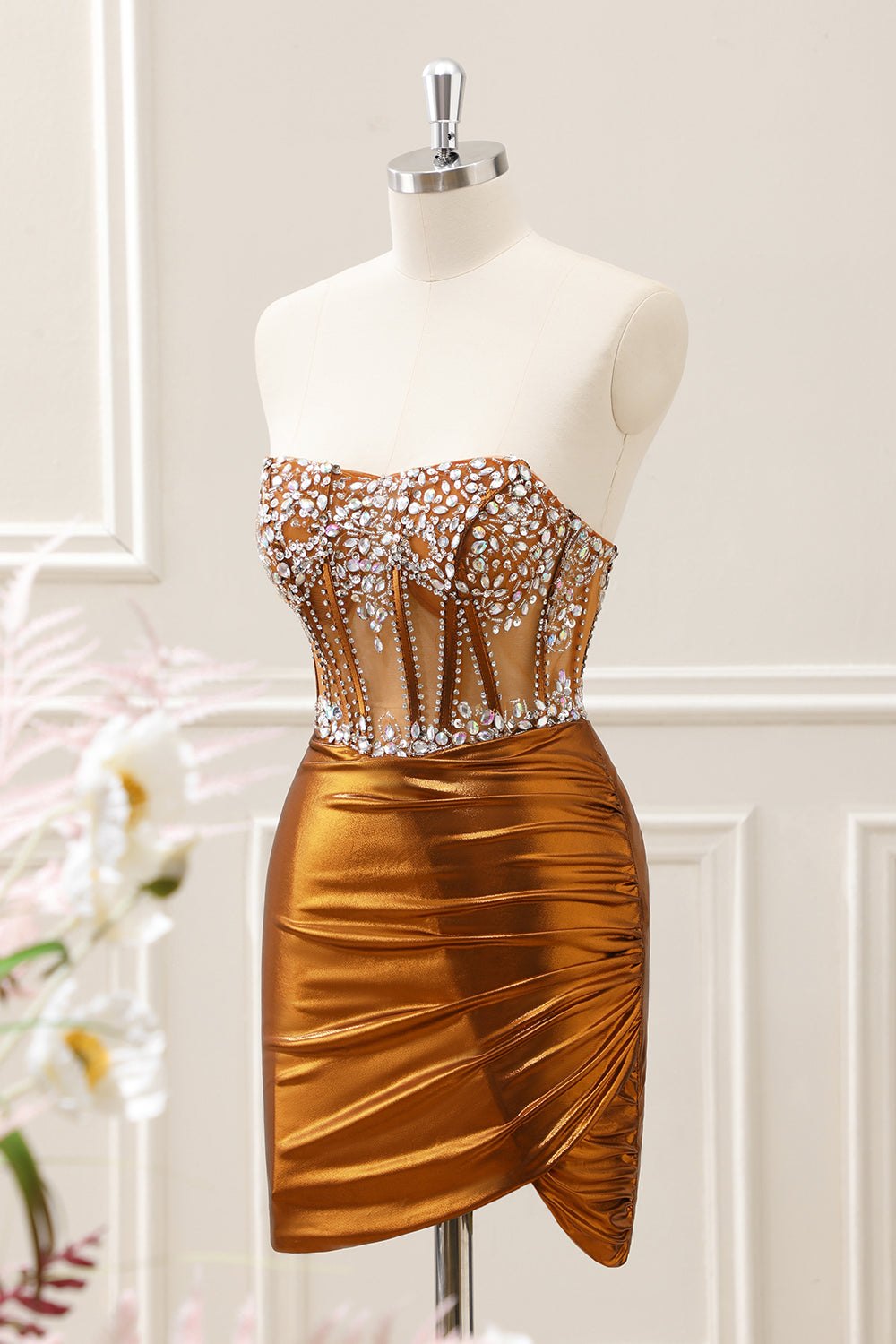 Sparkly Copper Ruched Strapless Corset Homecoming Dress with Beading - Image 3