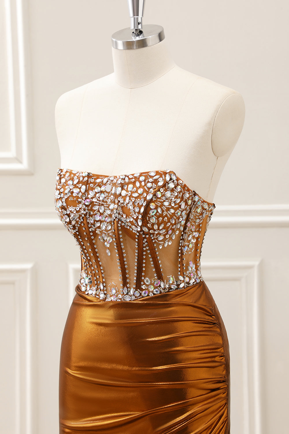 Sparkly Copper Ruched Strapless Corset Homecoming Dress with Beading - Image 6