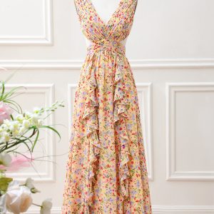 Yellow Small Flower A Line V Neck Pleated Ruffles Maxi Dress with Slit