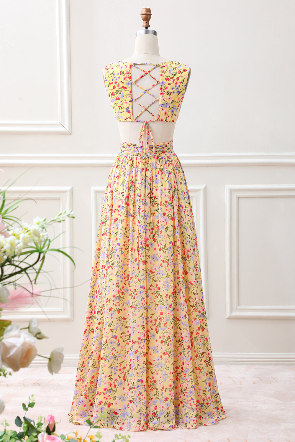 Yellow Small Flower A Line V Neck Pleated Ruffles Maxi Dress with Slit - Image 2