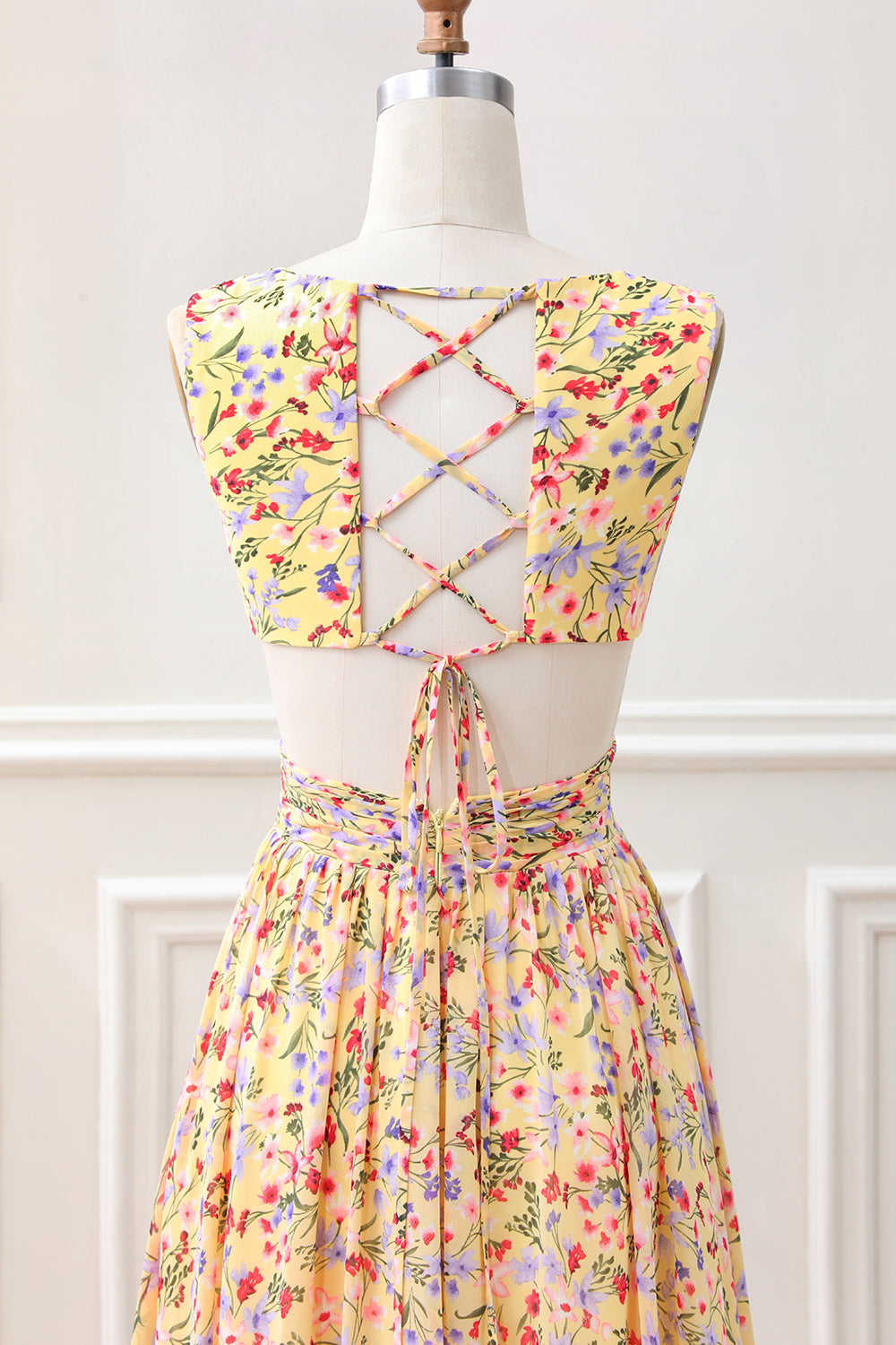 Yellow Small Flower A Line V Neck Pleated Ruffles Maxi Dress with Slit - Image 5