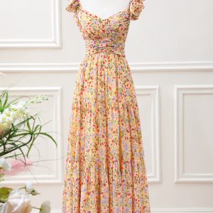 Yellow Flower A Line V Neck Print Pleated Wedding Guest Dress with Slit