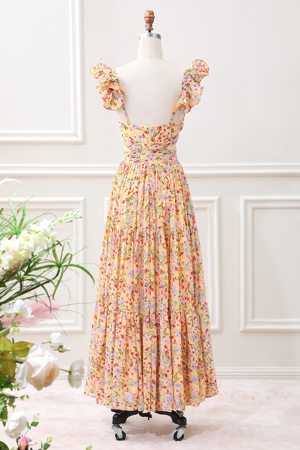 Yellow Flower A Line V Neck Print Pleated Wedding Guest Dress with Slit - Image 2