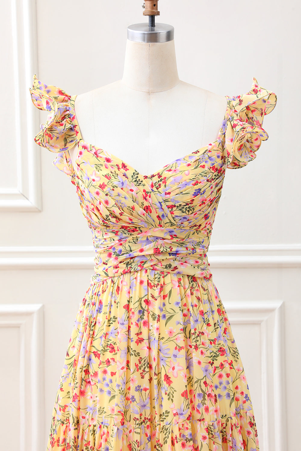 Yellow Flower A Line V Neck Print Pleated Wedding Guest Dress with Slit - Image 4
