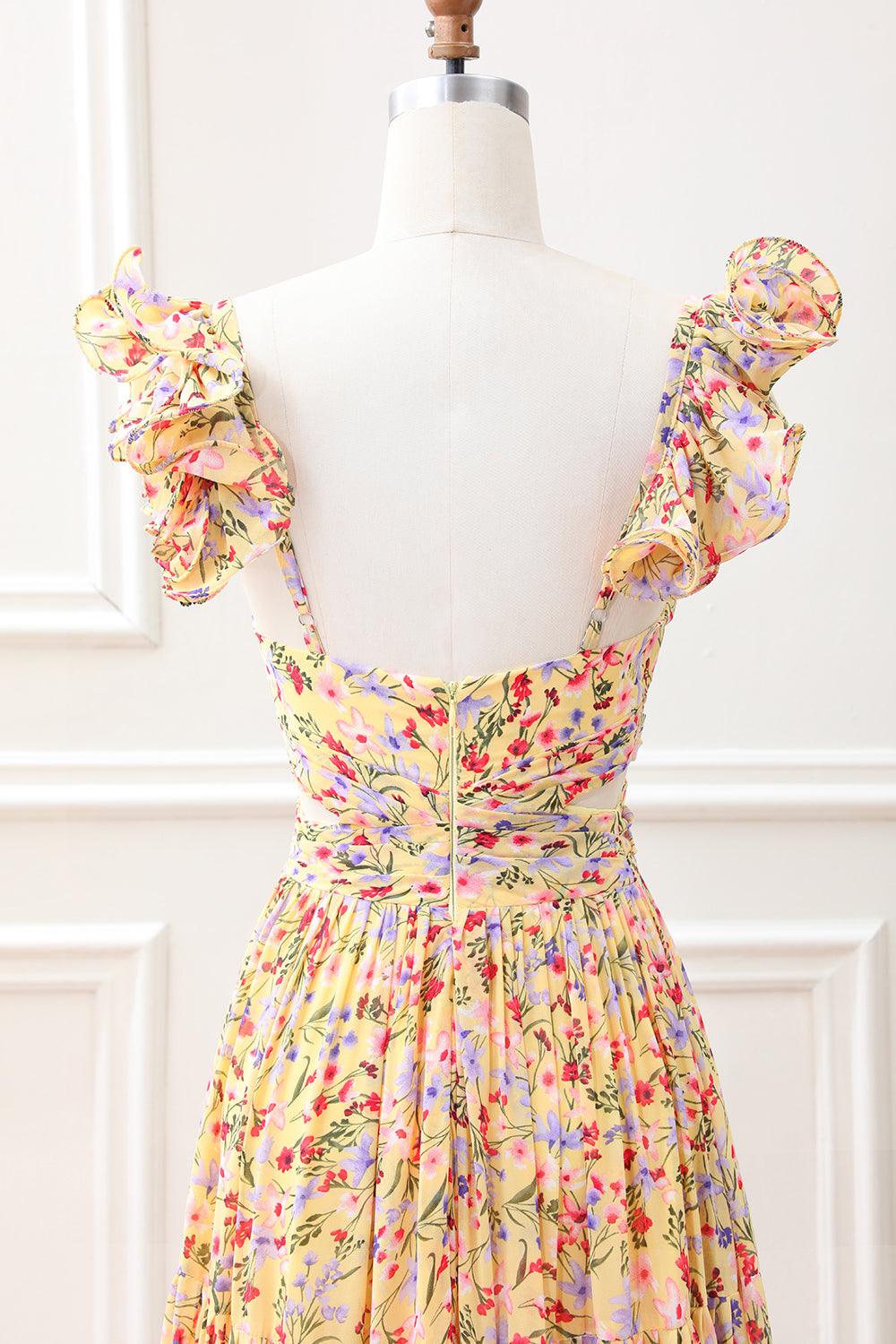 Yellow Flower A Line V Neck Print Pleated Wedding Guest Dress with Slit - Image 5
