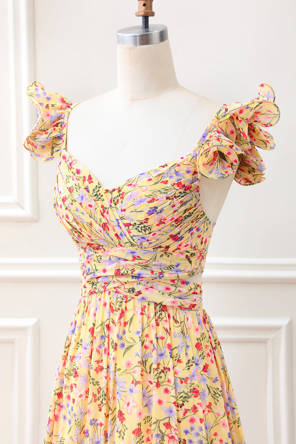 Yellow Flower A Line V Neck Print Pleated Wedding Guest Dress with Slit - Image 6