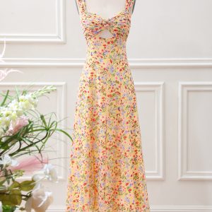 Yellow Flower A Line Corset Wedding Guest Dress