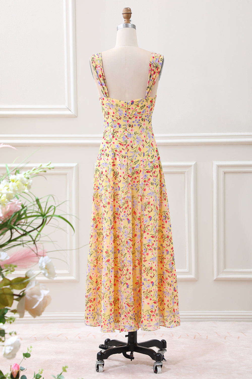 Yellow Flower A Line Corset Wedding Guest Dress - Image 2