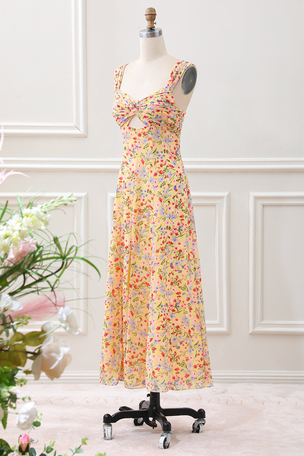 Yellow Flower A Line Corset Wedding Guest Dress - Image 3