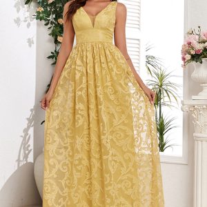 Yellow A Line V Neck Appliques Spaghetti Straps Maxi Dress