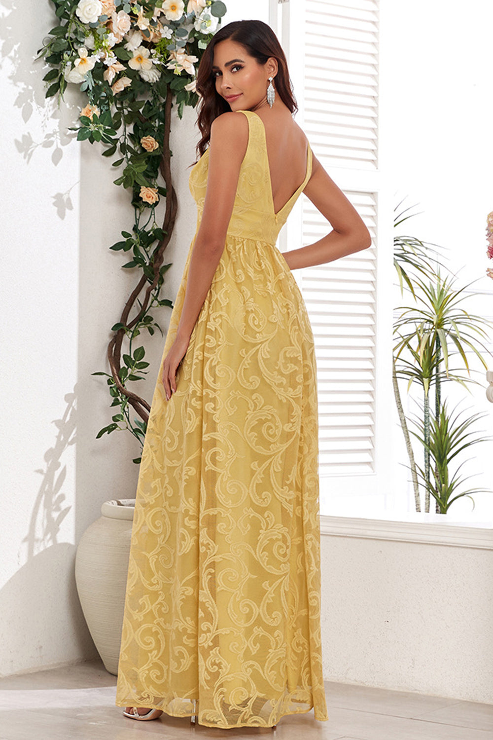Yellow A Line V Neck Appliques Spaghetti Straps Maxi Dress - Image 2
