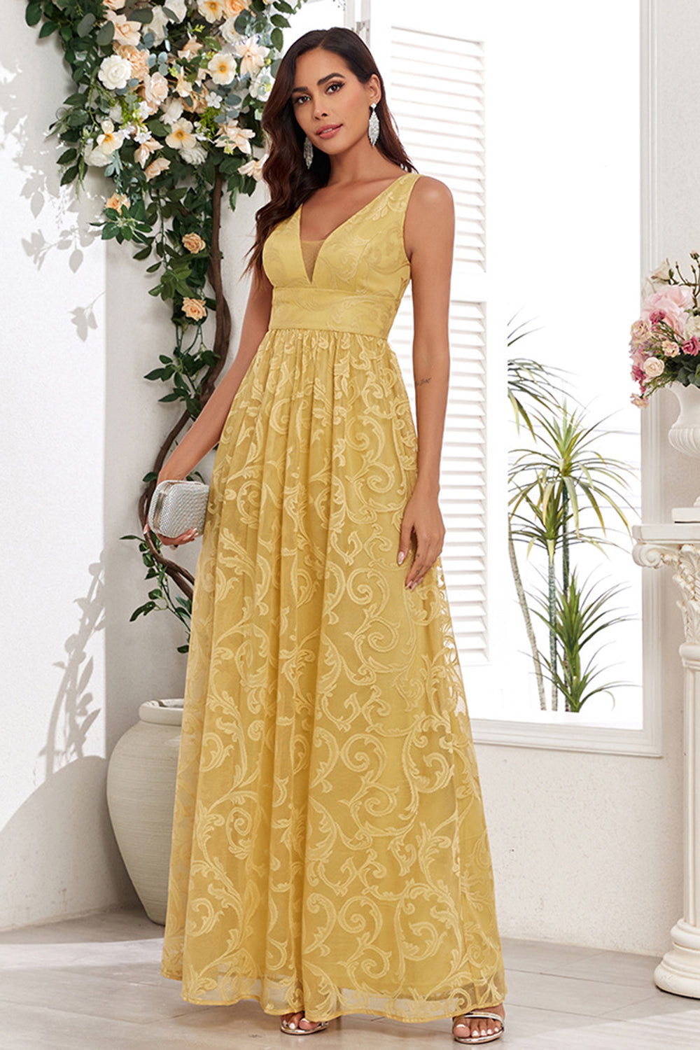 Yellow A Line V Neck Appliques Spaghetti Straps Maxi Dress - Image 3