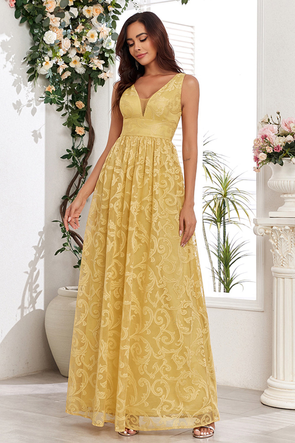 Yellow A Line V Neck Appliques Spaghetti Straps Maxi Dress - Image 5