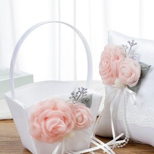 White Wedding Basket and Pillow Set with Pink Flower