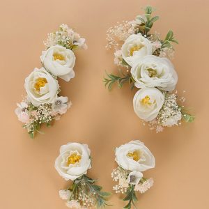 White Wrist Corsage Floral Handmade Bracelet Greenery Hair Comb Floral Bridal Headpiece