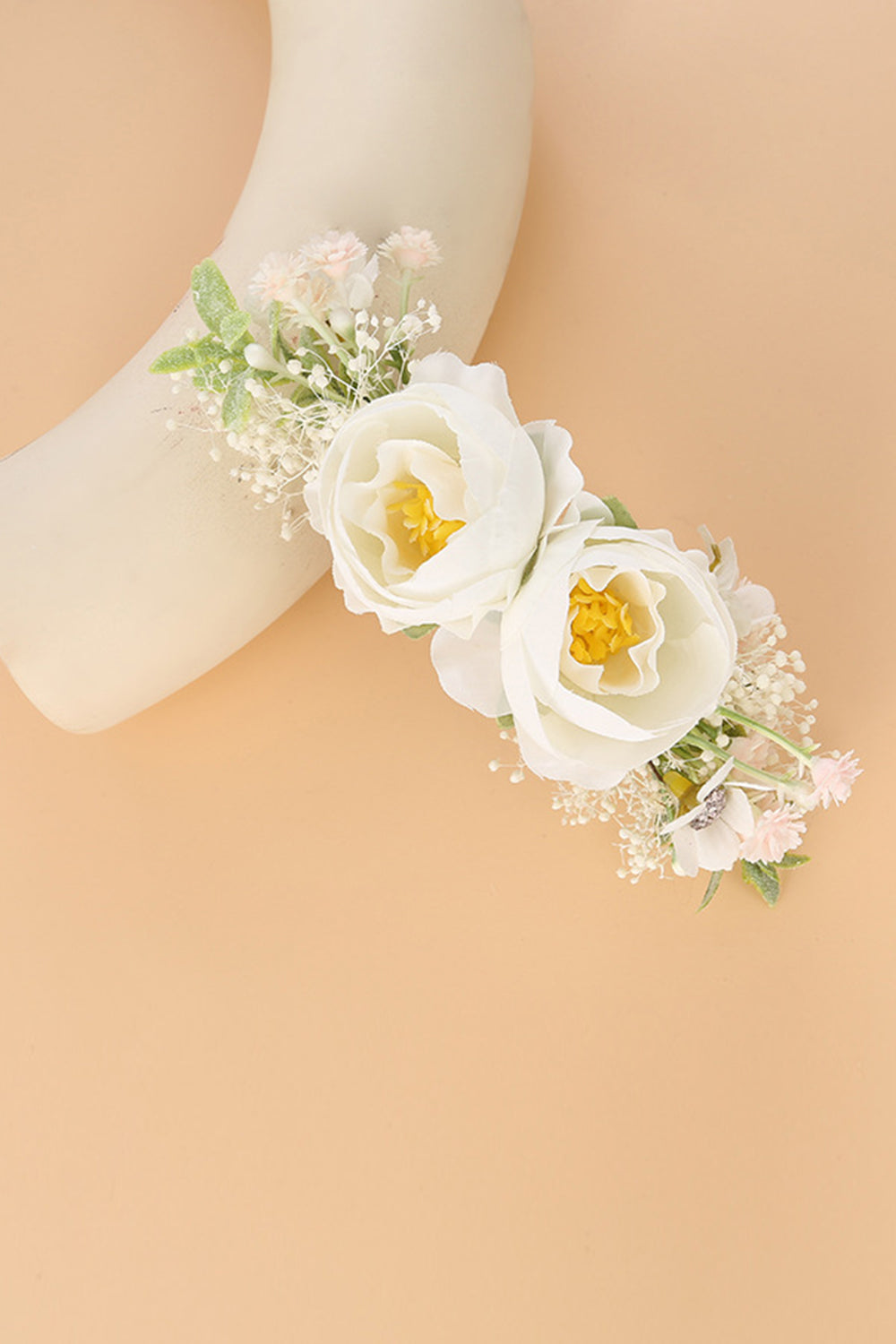 White Wrist Corsage Floral Handmade Bracelet Greenery Hair Comb Floral Bridal Headpiece - Image 3