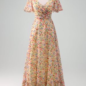 Yellow Flower Printed Chiffon A Line V neck Short Sleeves Bridesmaid Dress