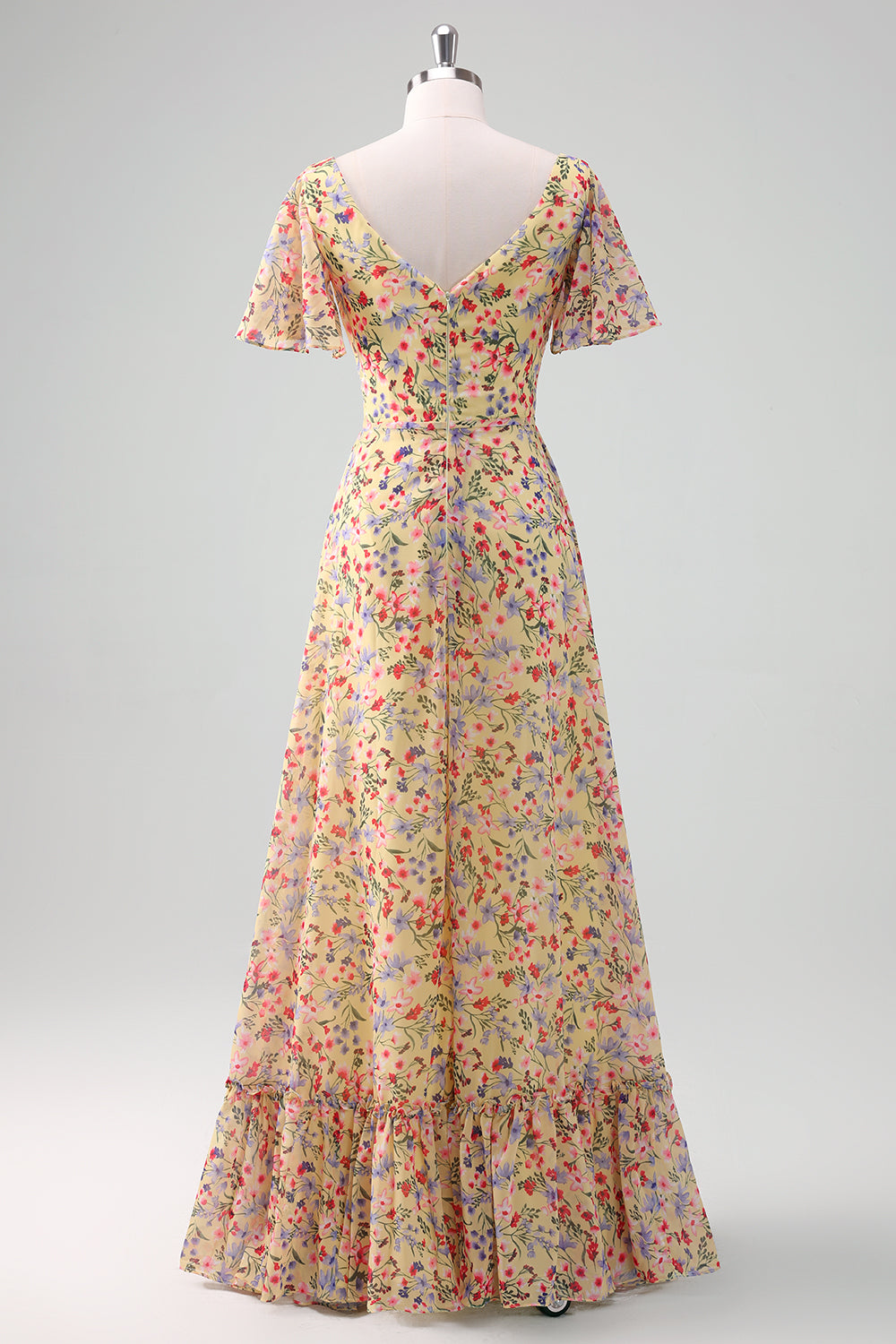 Yellow Flower Printed Chiffon A Line V neck Short Sleeves Bridesmaid Dress - Image 2
