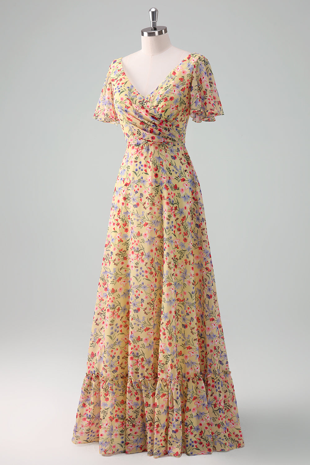 Yellow Flower Printed Chiffon A Line V neck Short Sleeves Bridesmaid Dress - Image 3