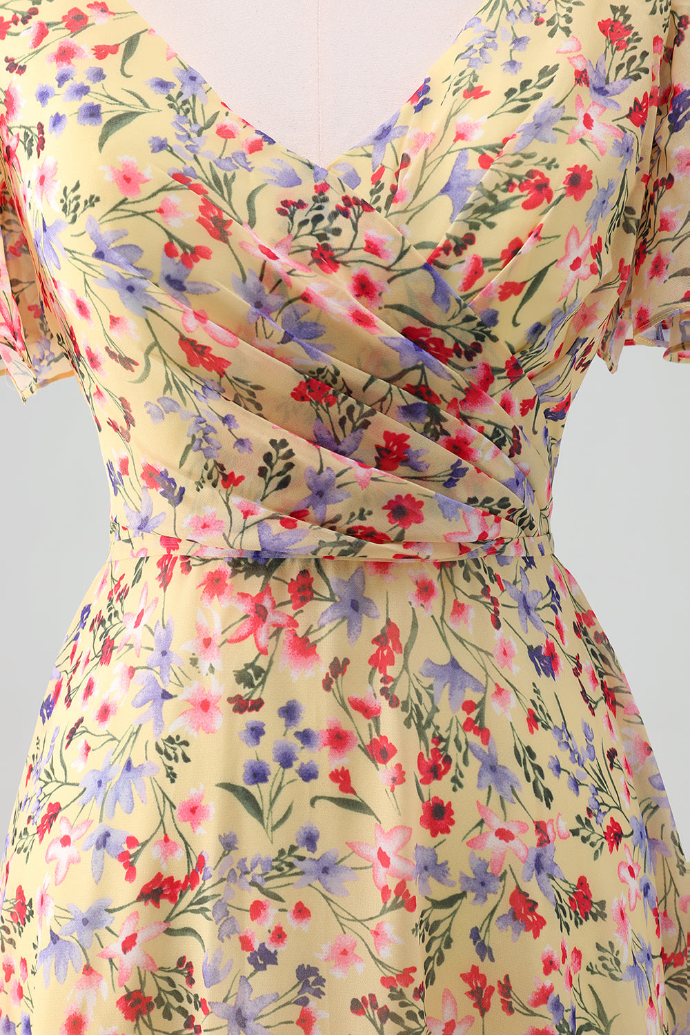 Yellow Flower Printed Chiffon A Line V neck Short Sleeves Bridesmaid Dress - Image 7