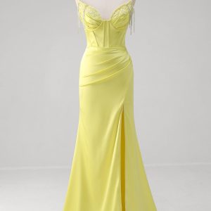 Yellow Ruched Mermaid Corset Prom Dress with Slit