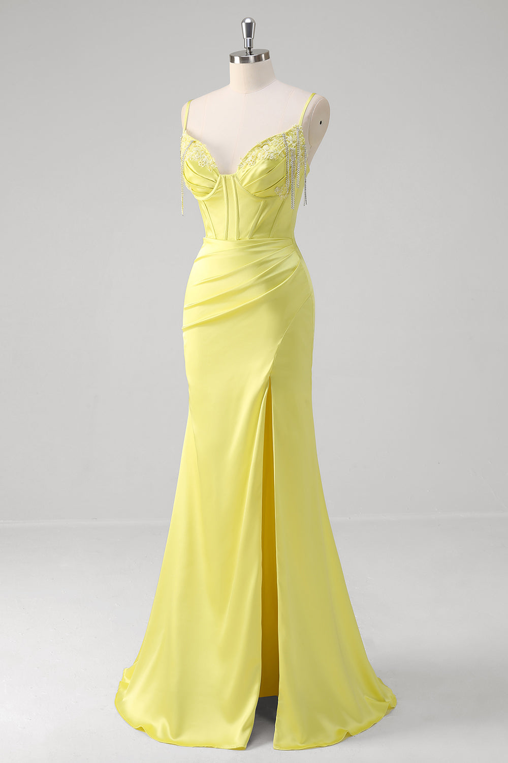 Yellow Ruched Mermaid Corset Prom Dress with Slit - Image 3