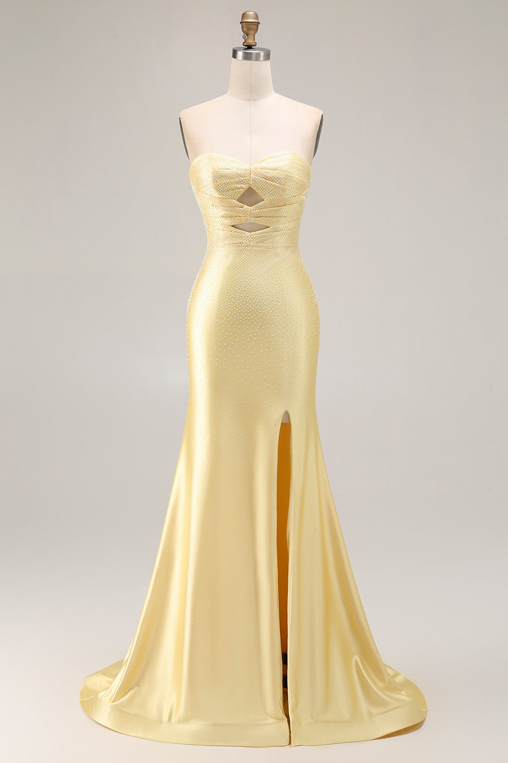 Yellow Strapless Mermaid Cut Out Beaded Prom Dress With Slit - Image 3