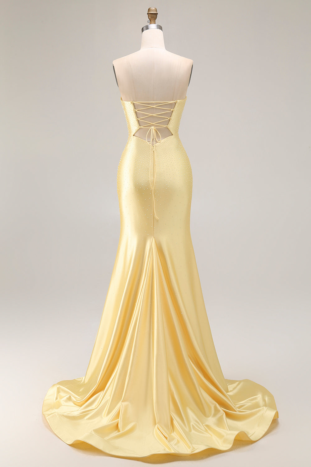 Yellow Strapless Mermaid Cut Out Beaded Prom Dress With Slit - Image 4