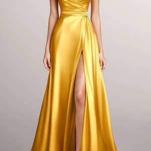 Yellow A-Line Strapless Wrap Ruched Satin Long Formal Dress with Slit