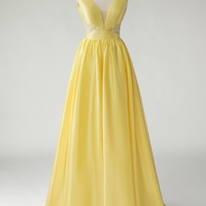 Yellow V Neck A Line Applique Prom Dress