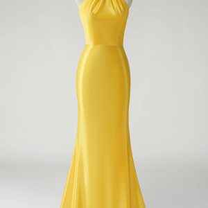 Yellow High Neck Keyhole Back Zipper Mermaid Prom Dress