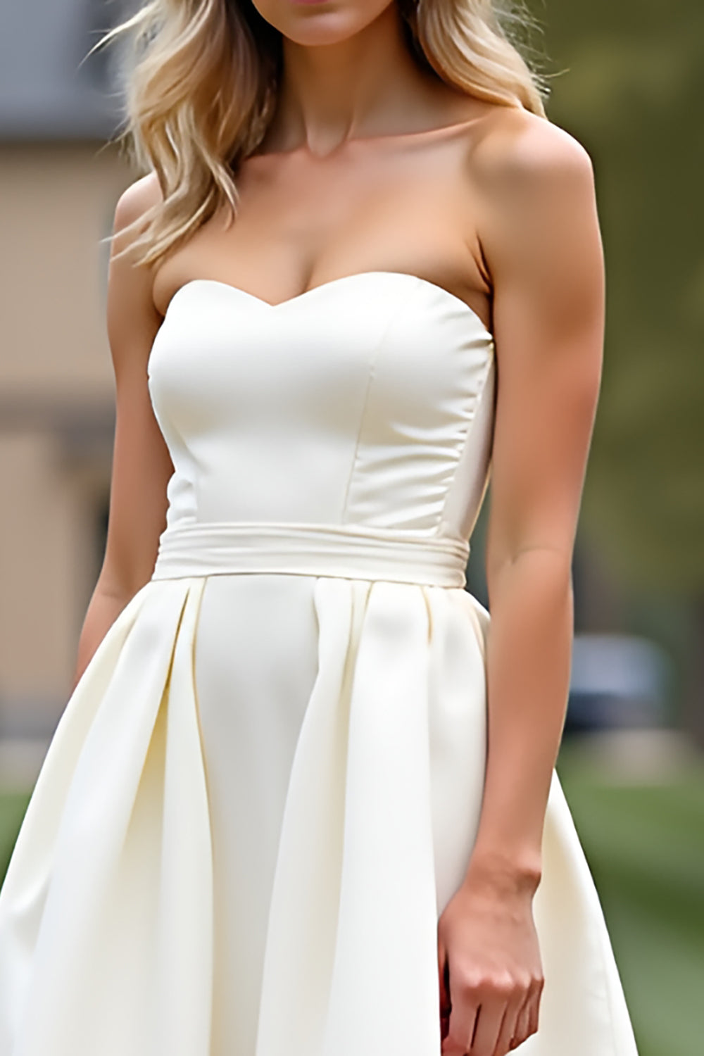 White Strapless Pleated Satin Short A Line Graduation Dress - Image 4