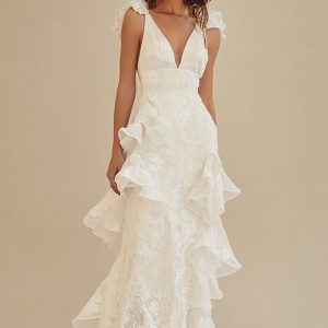 White V-neck A-Line Chiffon Ankle Length Little White Dress with Ruffles