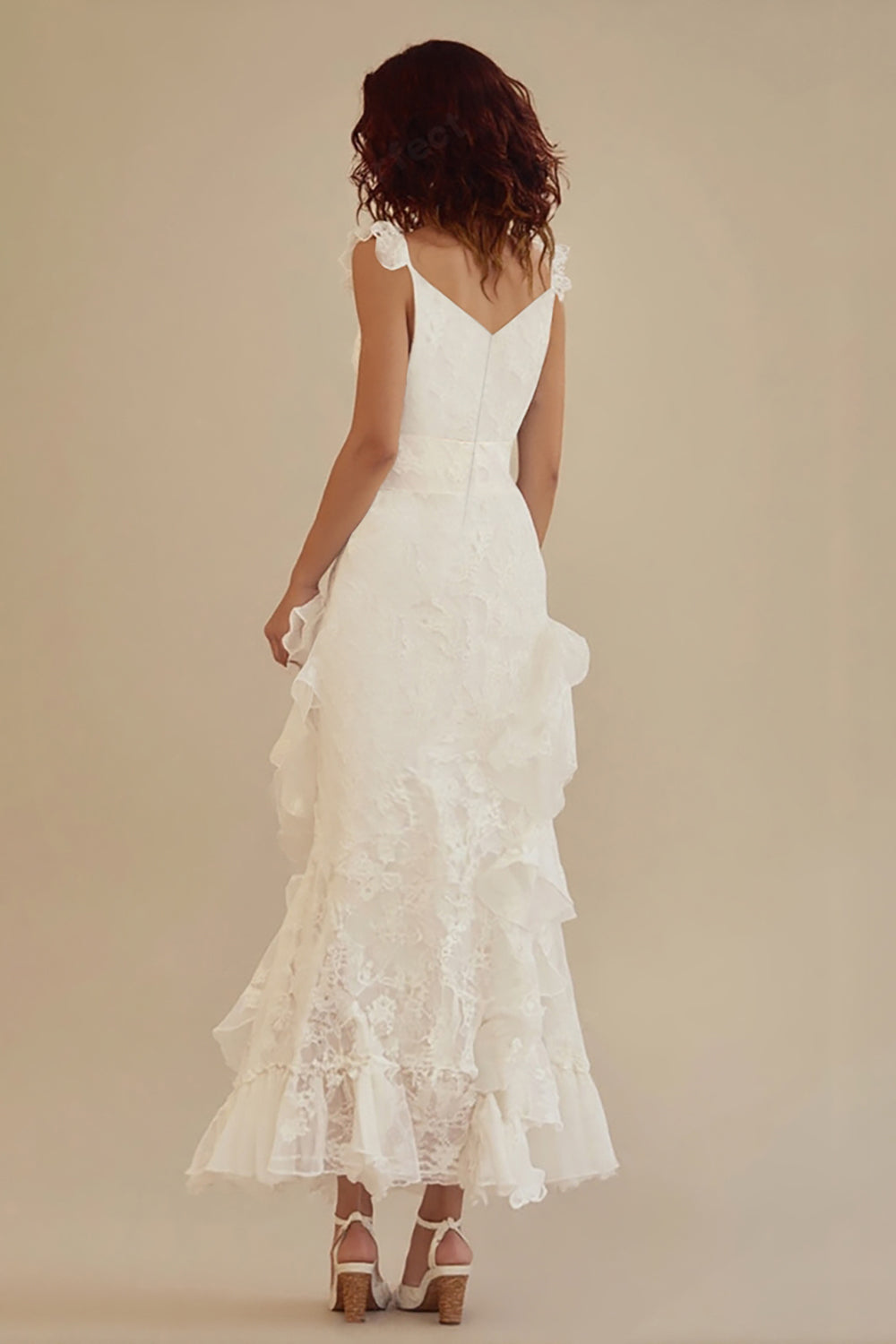 White V-neck A-Line Chiffon Ankle Length Little White Dress with Ruffles - Image 2