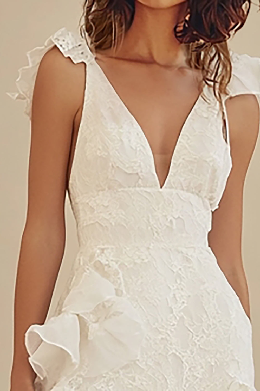 White V-neck A-Line Chiffon Ankle Length Little White Dress with Ruffles - Image 3