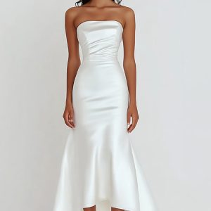 White Strapless Sheath Satin Ruffled Wedding Dress