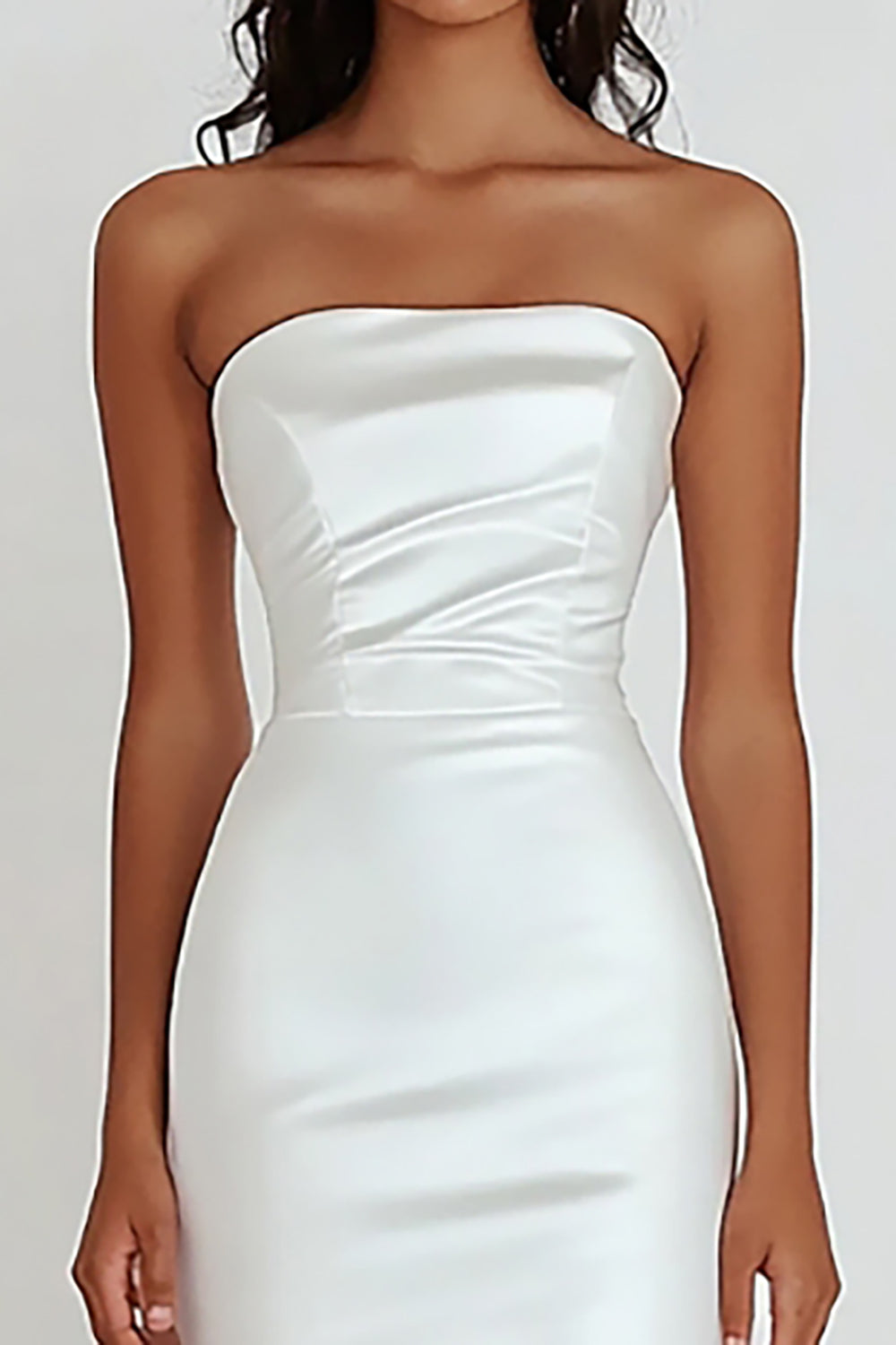 White Strapless Sheath Satin Ruffled Wedding Dress - Image 3