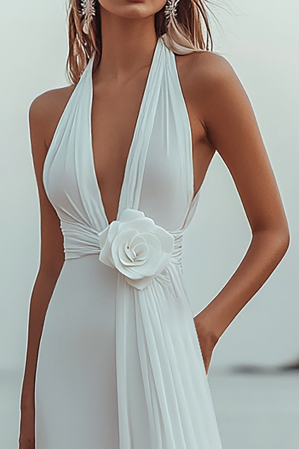 White V-Neck A Line Engagement Dress With 3D Flowers - Image 2