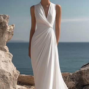 White V-Neck Ruched Sheath Engagement Dress