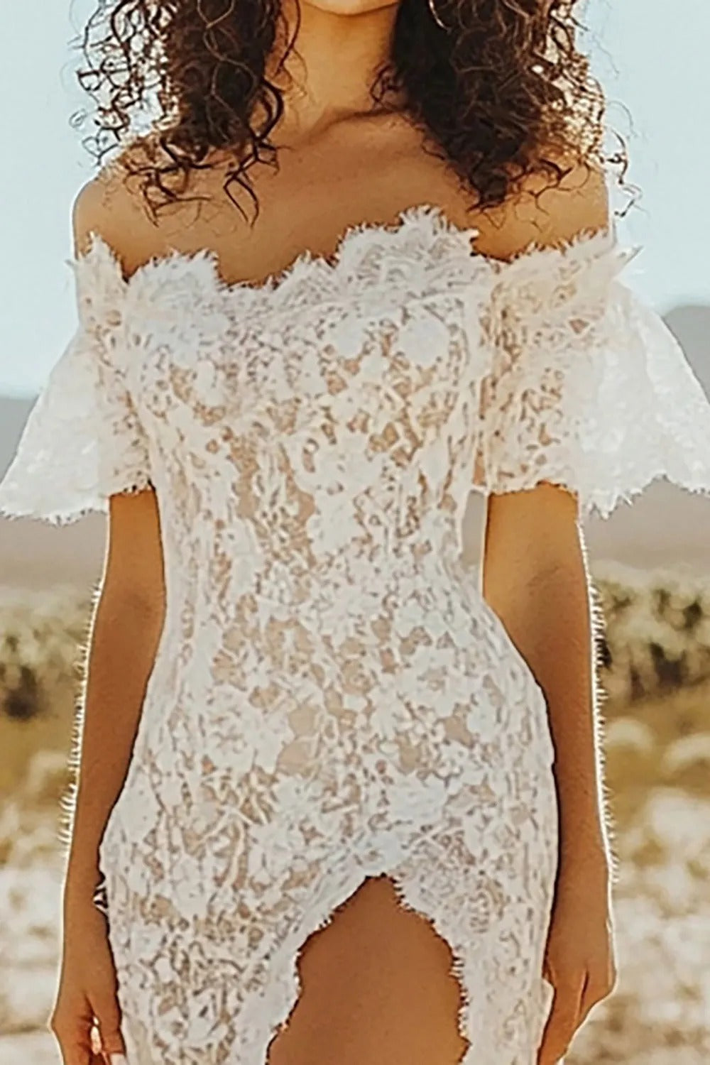White Western Off the Shoulder Lace Boho Wedding Dress with High Slit - Image 2