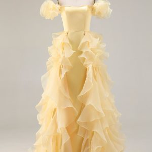 Yellow A-Line Off The Shoulder Prom Dress With Ruffles