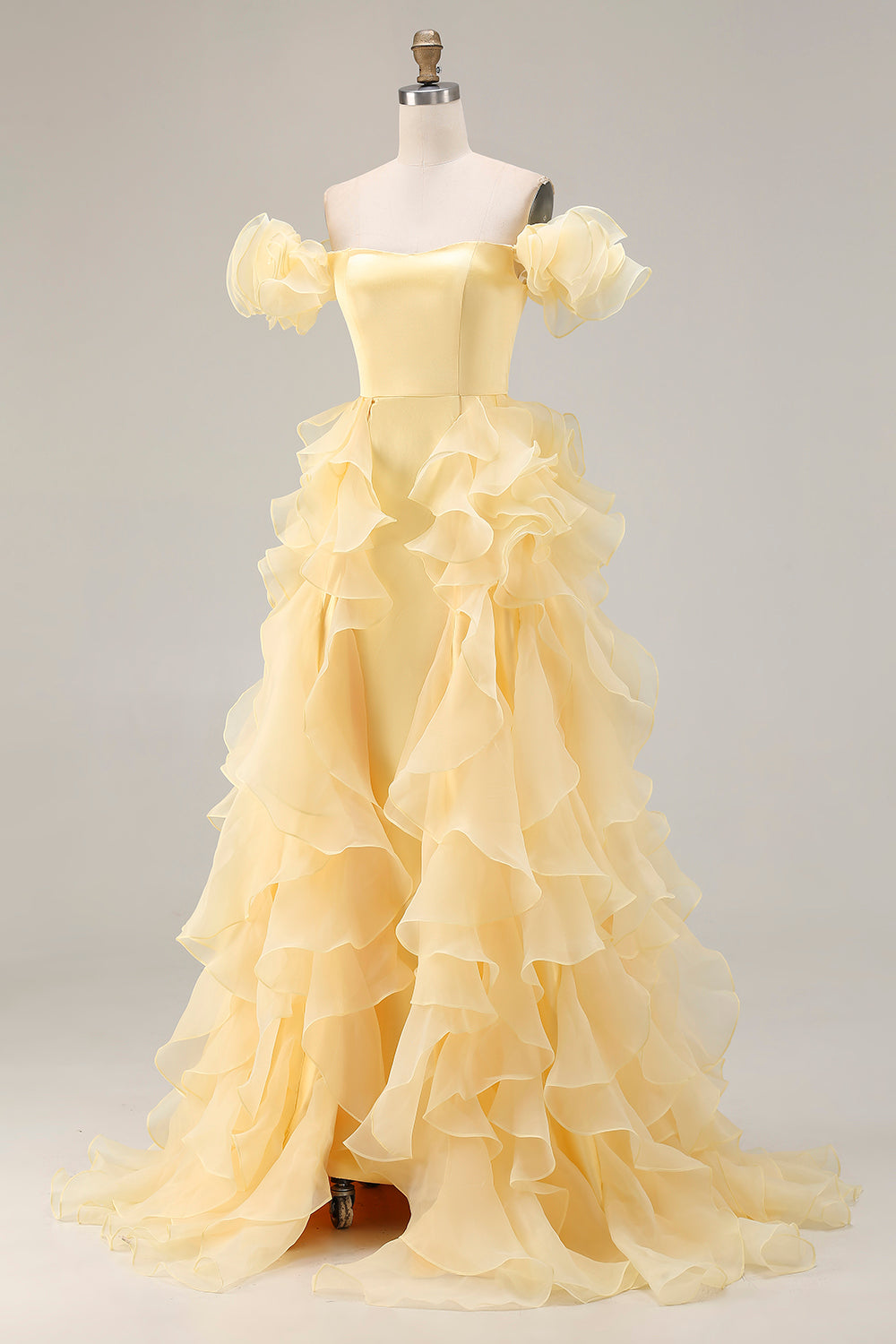 Yellow A-Line Off The Shoulder Prom Dress With Ruffles - Image 3